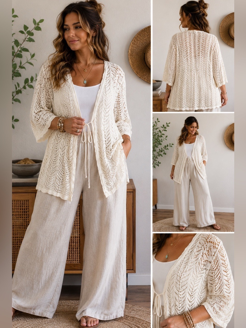 Romantic Boho Crochet Cardigan Open Knit Tie Front Cottagecore 22W Prairie - Picture 1 of 8